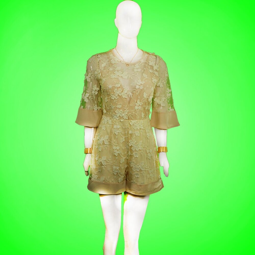 Vintage Hearts & Bows Romantic Lace Romper, 1980s Inspired, Beige